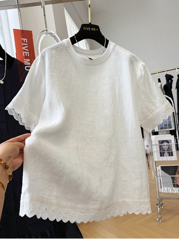 レディース トップス Tシャツ 半袖 プリント ゆったり リネン 春夏 カジュアル きれいめ 春 夏 膝丈 ラウンドネック レース 上品 シャツ 薄手