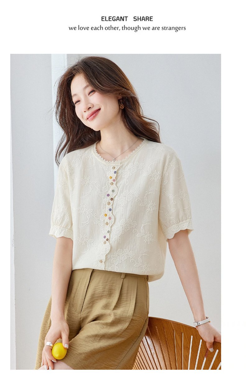 レディース シャツ トップス 半袖 無地 ゆったり コットン 綿 春夏 カジュアル 韓国風 前開き 春 夏 膝丈 ラウンドネック レース シンプル 刺繍 切り替えデザイン プルオーバー ボタン 丸首