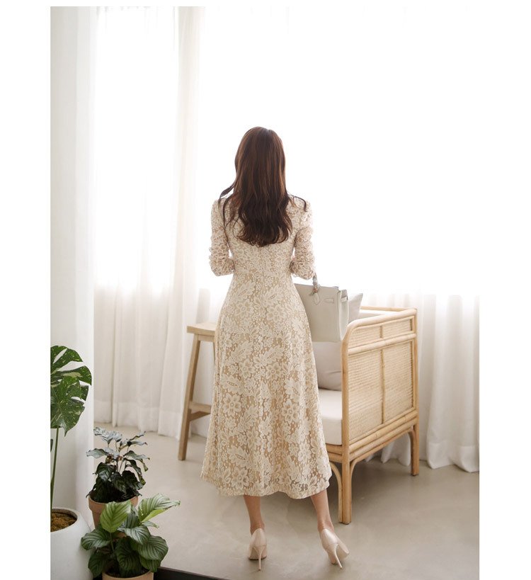 ワンピース 長袖 ボーダー ストライプ 無地 春夏 きれいめ Vネック 春 レース 夏 シンプル ミモレ 上品 フレア エレガント