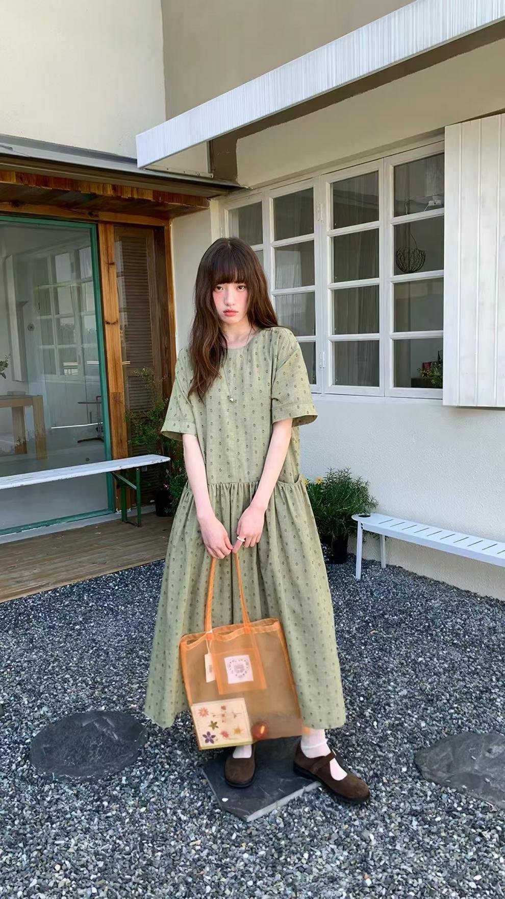 ワンピース 半袖 春夏 カジュアル きれいめ レトロ 体型カバー 通勤 春 夏 ラウンドネック ドット ロング Aライン