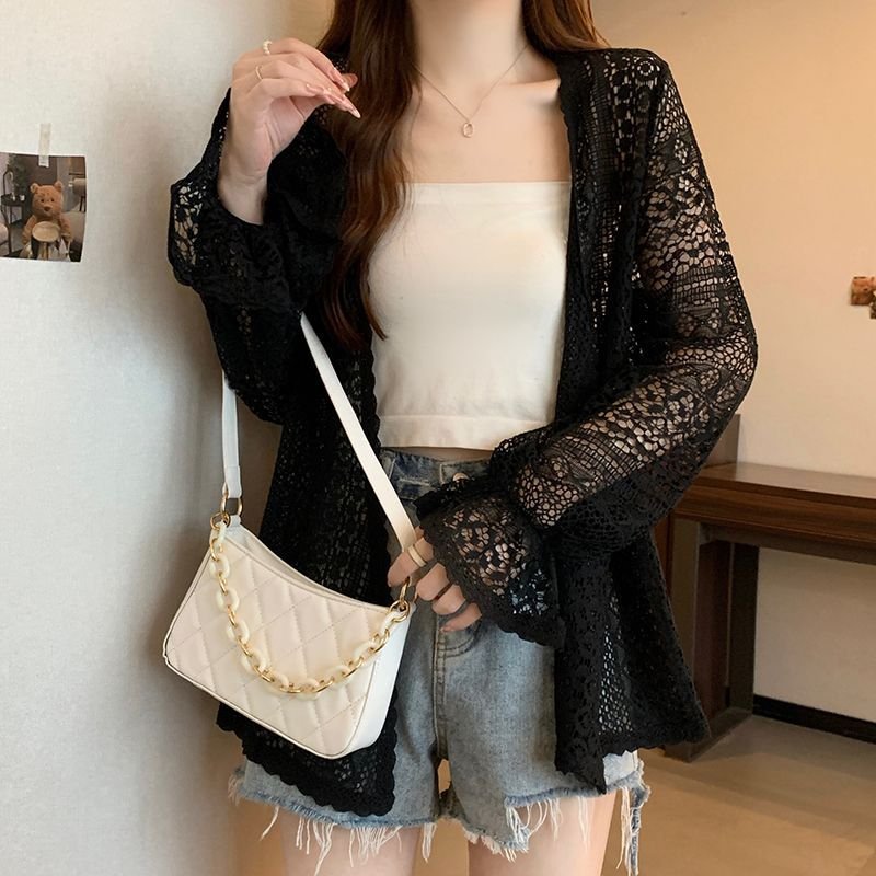 シャツ カーディガン 長袖 ゆったり 春夏 カジュアル 前開き 春 夏 レース ミモレ ベルスリーブ ポリエステル