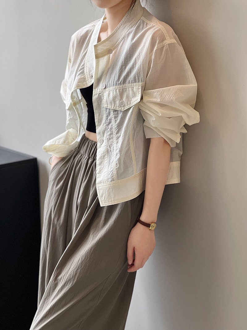 レディース シャツ コート 長袖 夏 韓国風 春夏 前開き ショート 薄手 スタンドカラー アウター ボタン ポリエステル