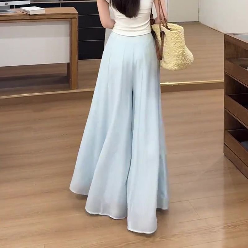 レディース パンツ スカート 無地 ゆったり ワイド 春夏 カジュアル 春 夏 シンプル ロング ドレープ エレガント ハイウエスト ポリエステル