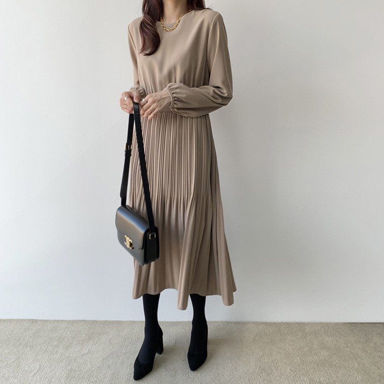 ワンピース 長袖 秋 冬 ミニ プリーツ 可愛い ラウンドネック ロング タイト 細身