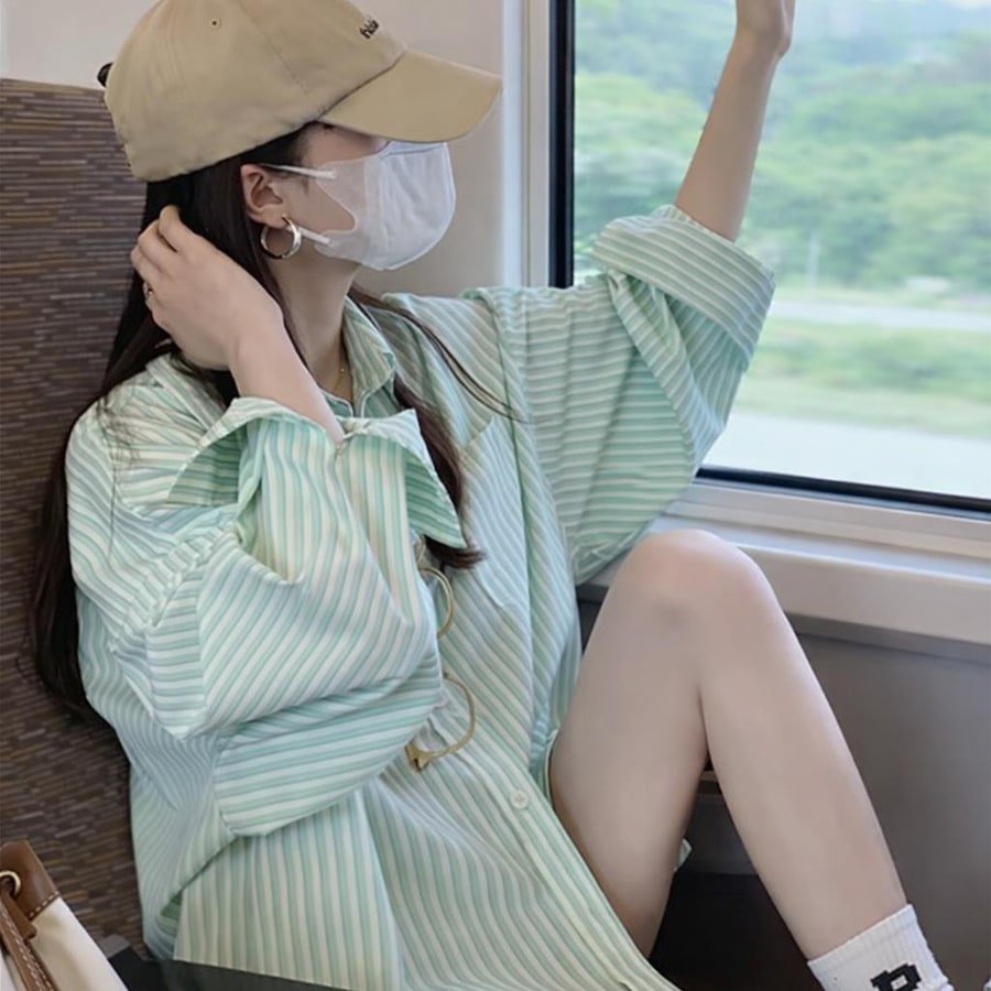 レディース シャツ ジャケット 長袖 ボーダー ストライプ ゆったり スリム 春夏 カジュアル 前開き 春 夏 都会的 グリーン ポリエステル UVカット
