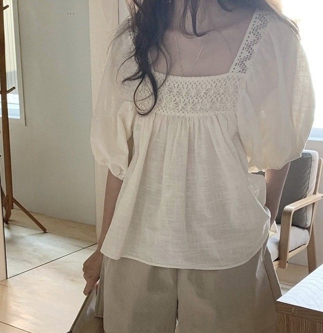 レディース シャツ トップス 半袖 無地 ゆったり 春夏 体型カバー 前開き ミニ 春 夏 スクエアネック レース シンプル 切り替えデザイン プルオーバー フェミニン レギュラー ポリエステル