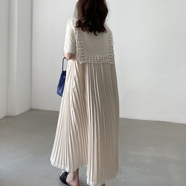 ワンピース 半袖 無地 ワイド スリム 春夏 カジュアル レトロ プリーツ 春 レース 夏 ラウンドネック シンプル 切り替えデザイン エレガント ハイウエスト