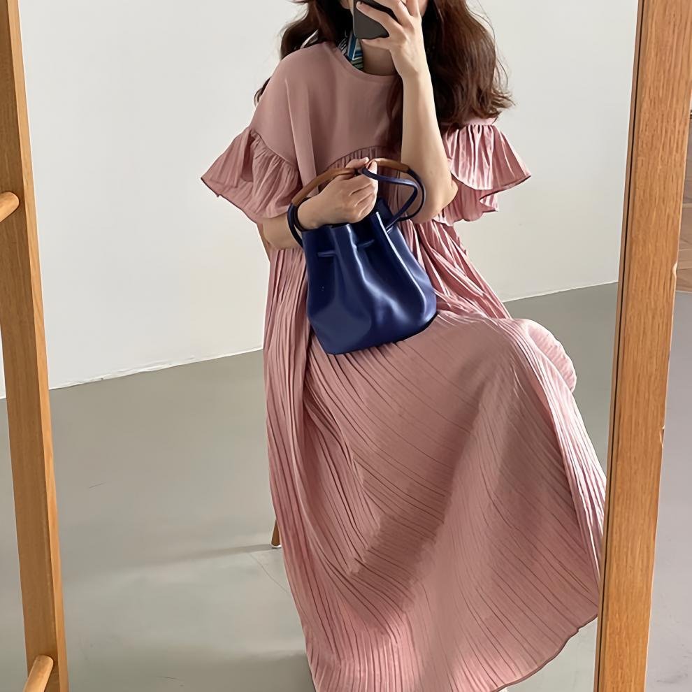 ワンピース 長袖 無地 夏 秋 春夏 プリーツ 韓国ファッション ラウンドネック シンプル リゾート 冬 ロング フリル