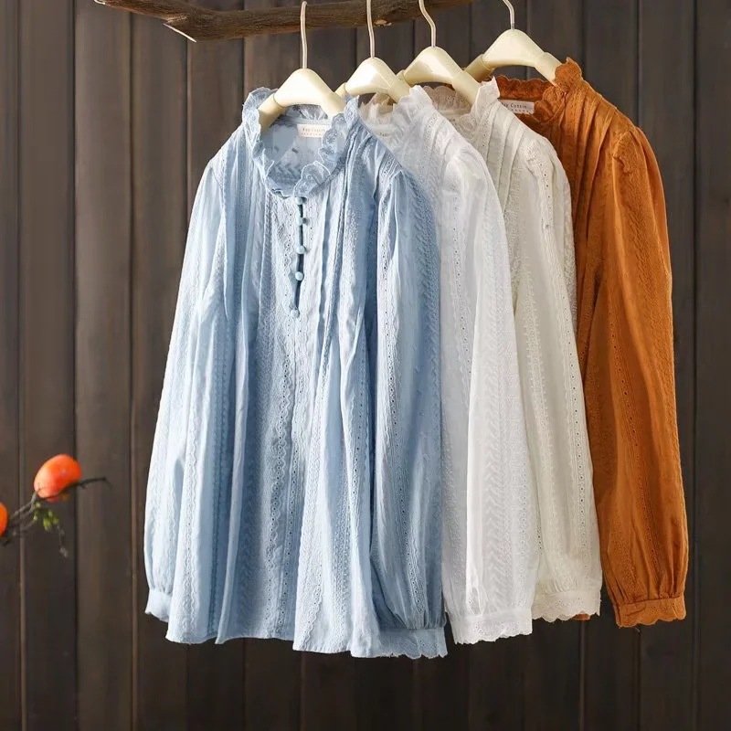 レディース シャツ トップス 長袖 無地 ゆったり スリム コットン 綿 秋冬 秋 きれいめ 通勤 体型カバー 韓国風 前開き 膝丈 レース シンプル 冬 刺繍 ハイネック フリル 切り替えデザイン プルオーバー スタンドカラー