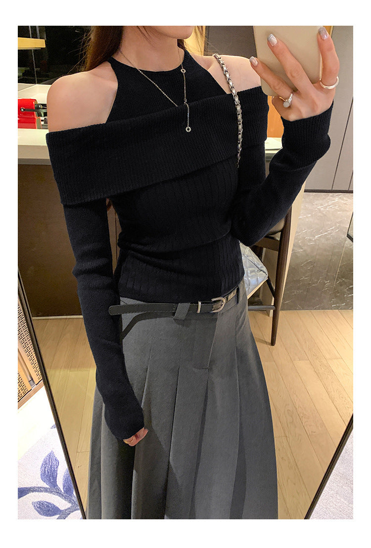 レディース トップス カットソー ニット 長袖 オフショルダー タイト スリム 細身 ドッキング スマート 切り替えデザイン 薄手 大人可愛い シンプル カジュアル おしゃれ エキゾチック こなれ感 個性的 主役級 存在感 都会的 ナチュラル 無地 春 秋 ロングシーズン ママ デート お出かけ イベント 旅行 女子会 合コン 韓国 オルチャン 楽ちん 美脚 脚長 普段使い 着回し モテ 清楚 流行 インスタ映え 定番 S M L 黒 ブラック カーキ ピンク