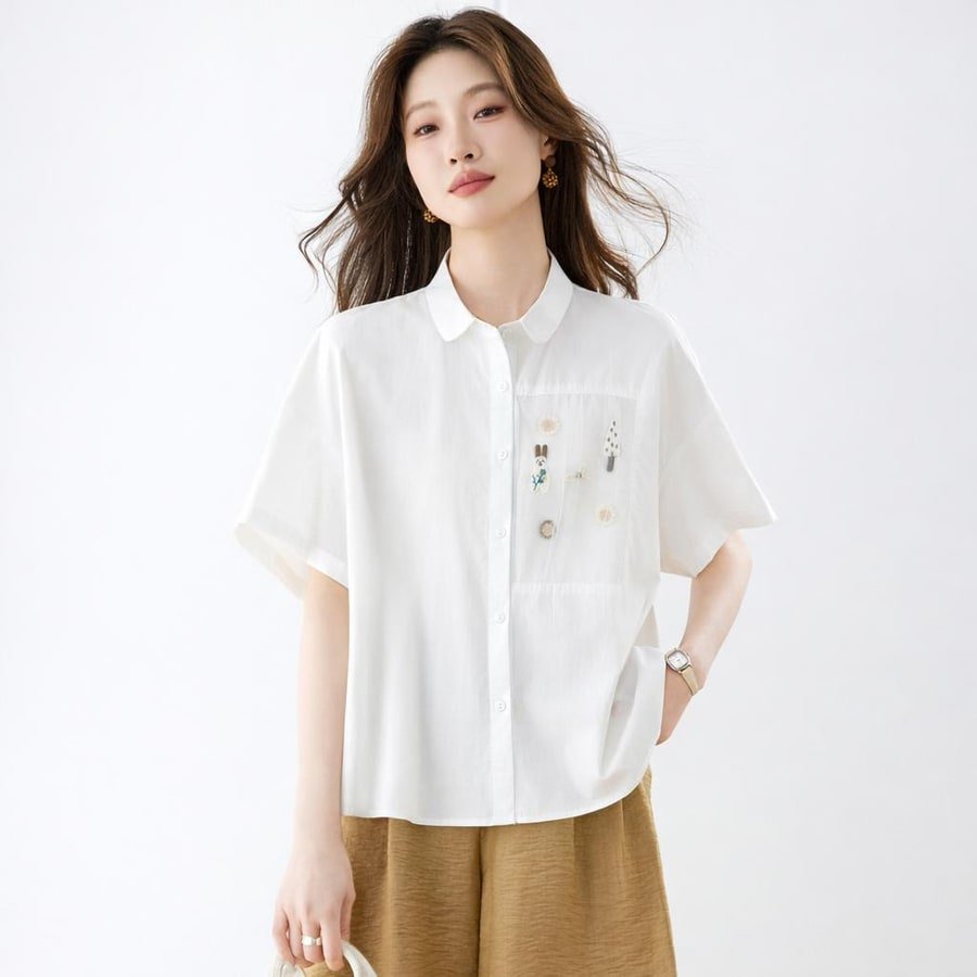 レディース シャツ トップス 半袖 ゆったり コットン 綿 春夏 カジュアル 体型カバー 前開き 春 白 夏 膝丈 刺繍 切り替えデザイン 襟付き ボタン