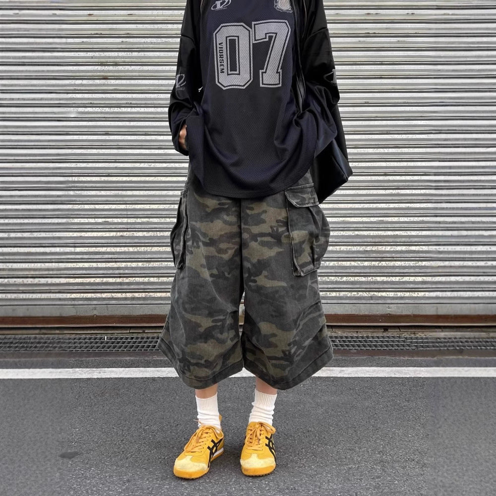 レディース パンツ ワイド 春夏 カジュアル アメリカン レトロ ボトムス 春 ショート 夏 男女兼用 ショートパンツ 7分丈 切り替えデザイン ポケット タイ 迷彩