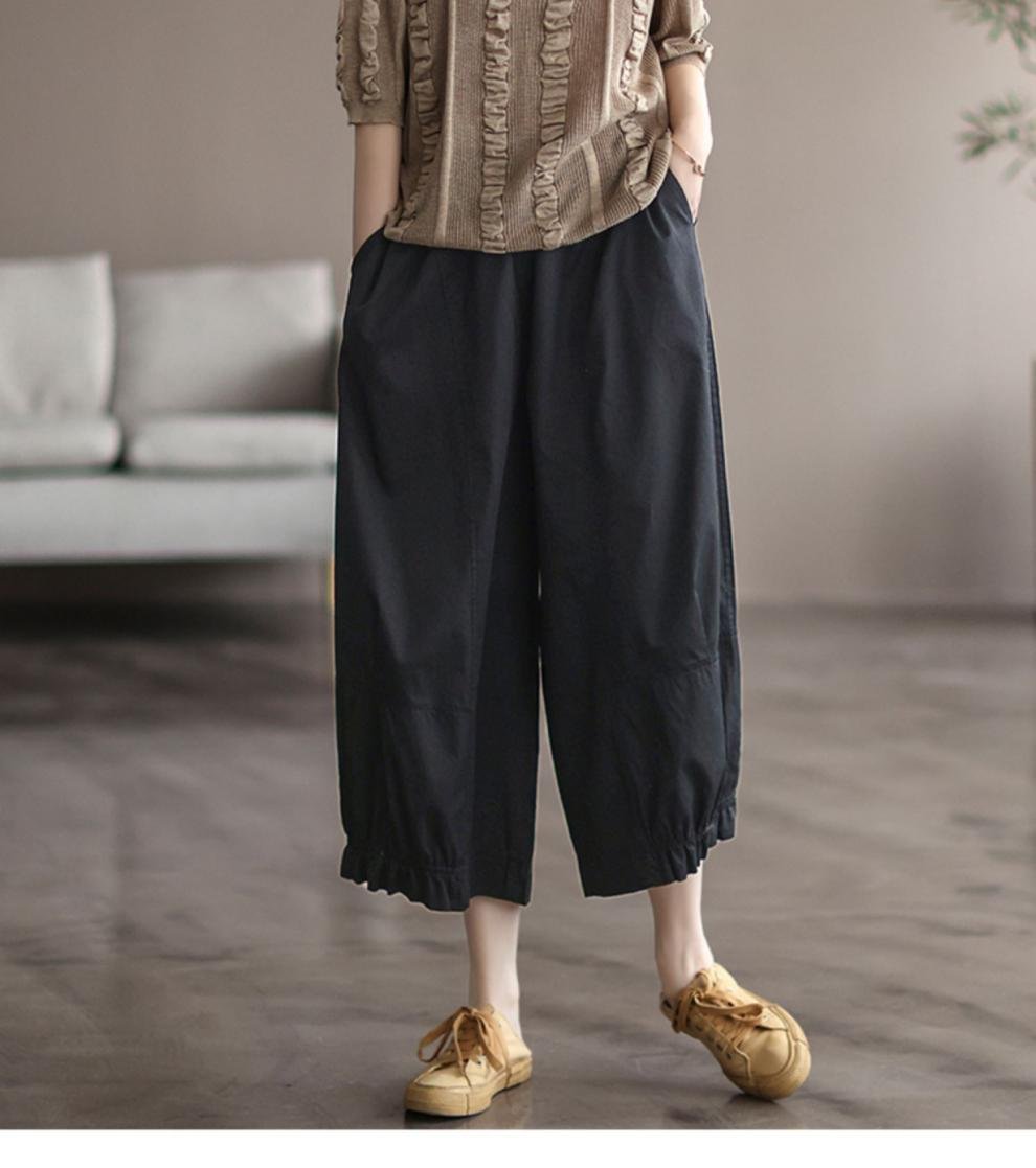 レディース パンツ ワイド コットン 綿 春夏 カジュアル レトロ 着回し 大きいサイズ 春 夏 ワイドパンツ 切り替えデザイン