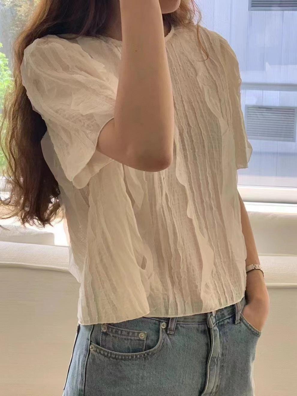 レディース シャツ トップス 無地 ゆったり 春夏 カジュアル きれいめ 韓国風 前開き 春 ショート 夏 ラウンドネック シンプル 上品 切り替えデザイン タイ ポリエステル