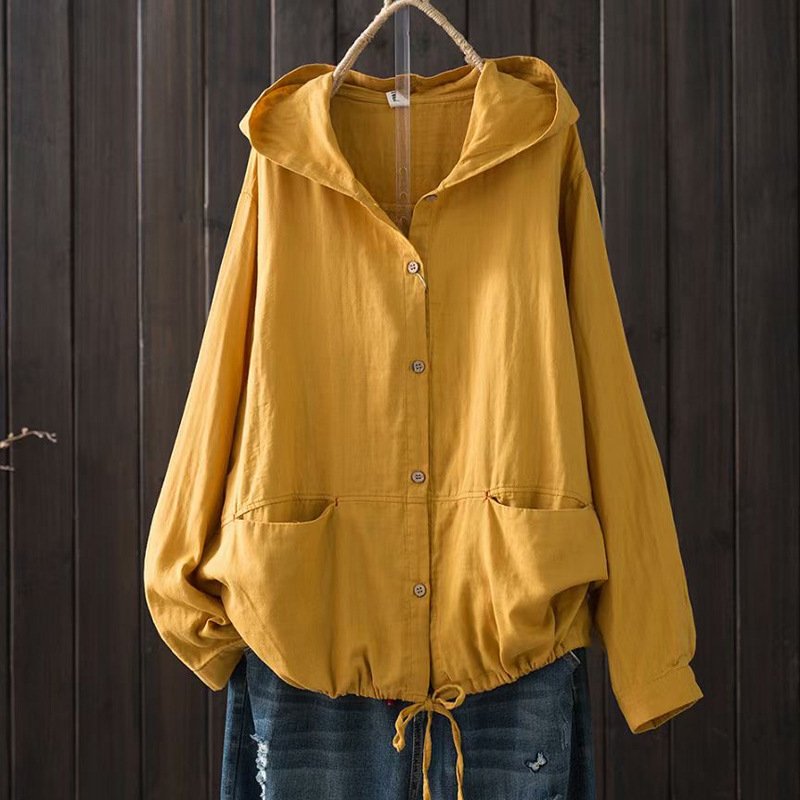 レディース トップス カーディガン ジャケット 長袖 無地 ゆったり コットン 綿 春夏 カジュアル レトロ 体型カバー 春 夏 膝丈 シンプル 薄手 切り替えデザイン フード アウター