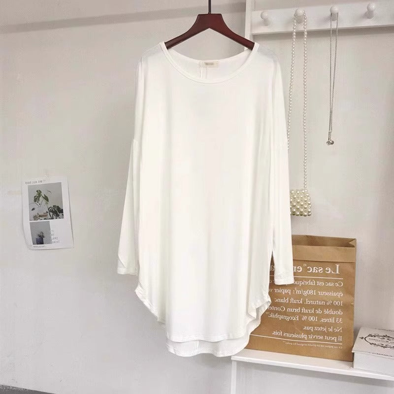 ラウンドヘム レディース トップス ルームウェア ロンT プルオーバー チュニック 部屋着 ミディアム Tシャツ 丈長 ミドル丈 長袖 ドロップショルダー ラウンドネック ワイド オーバーサイズ アメカジ かわいい シンプル カジュアル こなれ感 ルーズ ベーシック 無地 春 夏 ママ 学生 学校 通学 お出かけ 旅行 公園 女子会 休日 ショッピング カフェ お家時間 体型カバー 普段使い 着回し M L XL 2XL 3XL 4XL 5XL 大きいサイズ ゆったり ゆる ホワイト ブラック グレー
