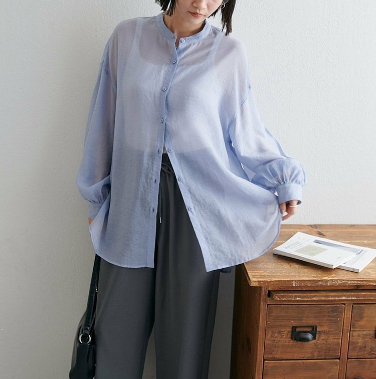 シャツ 長袖 春夏 きれいめ 前開き Vネック 春 夏 上品 薄手 タイ シアー アウター ポリエステル 柔らかい