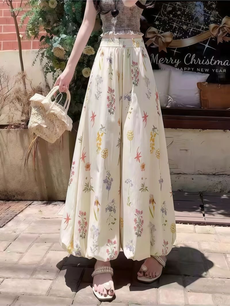 レディース パンツ 花柄 プリント ゆったり ワイド 春夏 カジュアル 春 夏 フラワー ロング ワイドパンツ ドレープ バルーン ハイウエスト ベーシック ポリエステル UVカット