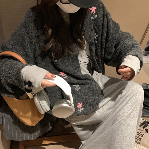 レディース ニット カーディガン コート 長袖 無地 秋冬 秋 膝丈 ラウンドネック シンプル 冬 上品 リボン セーター ストレッチ ポリエステル 灰色