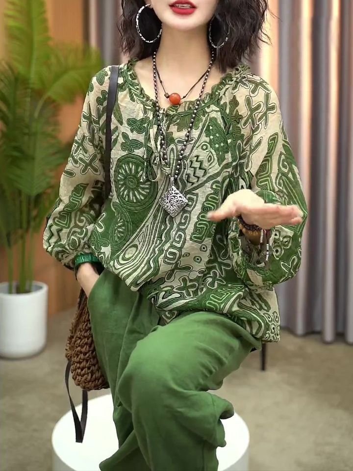 レディース シャツ トップス Tシャツ 長袖 プリント ゆったり 春夏 きれいめ 通勤 体型カバー 大きいサイズ 前開き 春 夏 ラウンドネック ママ 上品 シフォン プルオーバー レギュラー