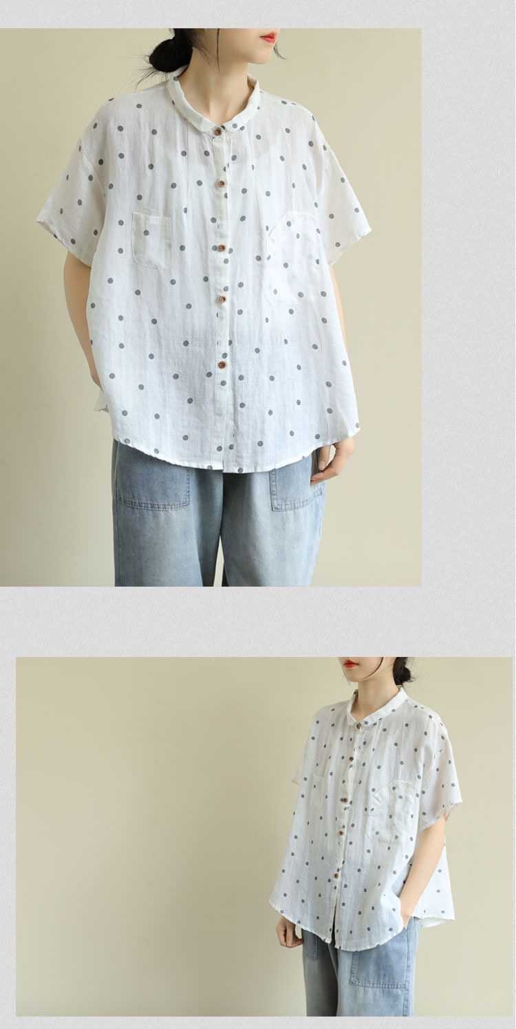 レディース シャツ トップス 半袖 ドット柄 ゆったり コットン 綿 リネン 春夏 体型カバー 大きいサイズ 前開き 春 夏 ボタン ポリエステル ドット