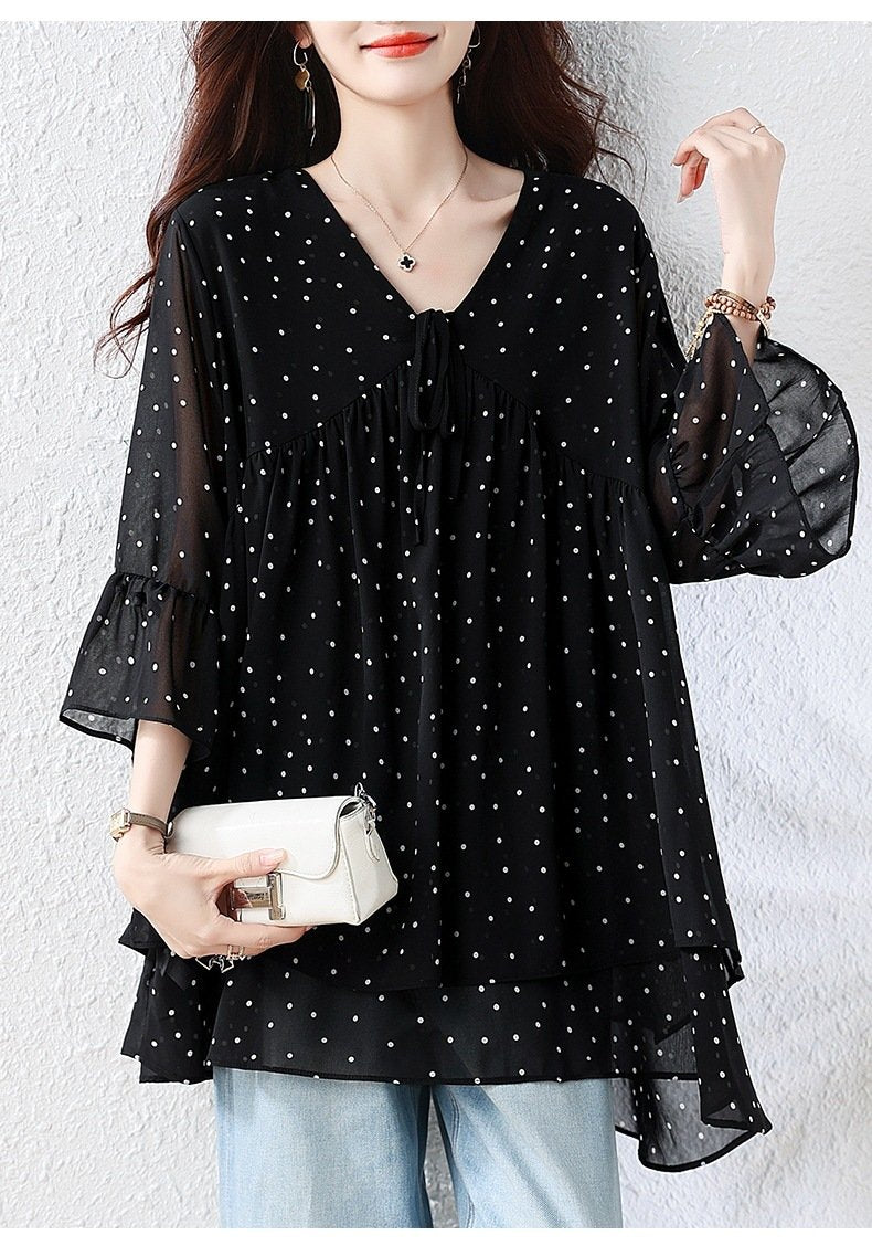 トップス ゆったり 春夏 カジュアル きれいめ 大きいサイズ Vネック 春 夏 上品 切り替えデザイン タイ レギュラー ドット