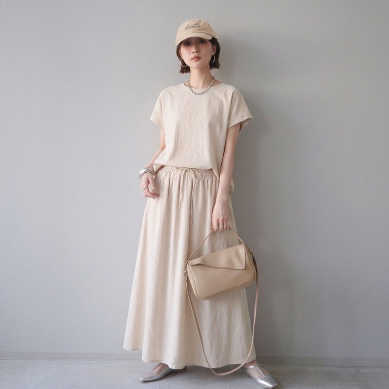 レディース トップス スカート 無地 ゆったり コットン 綿 リネン 春夏 体型カバー 春 フレア 夏 ラウンドネック ロング 切り替えデザイン プルオーバー ロングスカート
