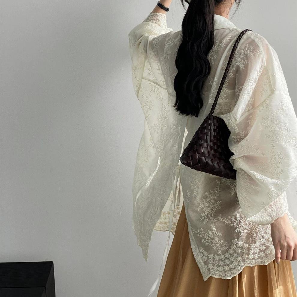 レディース シャツ ジャケット 長袖 無地 ゆったり コットン 綿 春夏 体型カバー 前開き 春 夏 膝丈 レース シンプル 刺繍 レースアップ ボタン ポリエステル UVカット