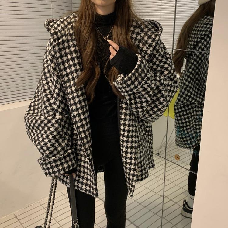 レディース カーディガン コート ジャケット チェック柄 ゆったり 秋 膝丈 ブラック ダウン パーカー フード ダウンジャケット