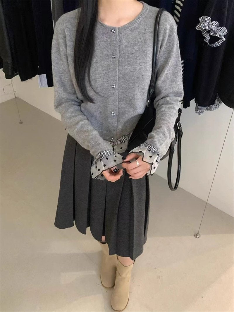 トップス ニット カーディガン 長袖 秋冬 秋 カジュアル ミニ ショート 膝丈 ラウンドネック レース 冬 切り替えデザイン セーター フェミニン ボタン
