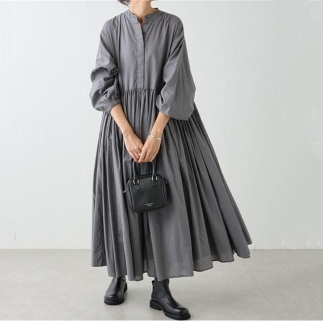 ワンピース 長袖 無地 秋 冬 カジュアル ラウンドネック シンプル ミモレ ロング 上品 大きい