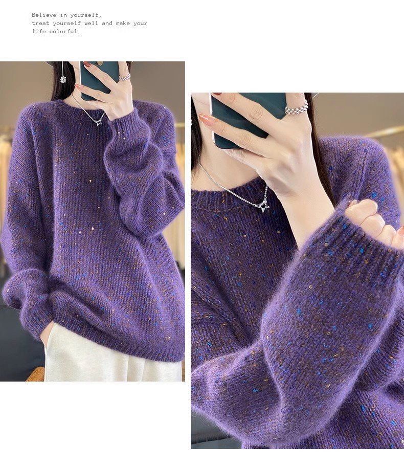 レディース トップス ニット 長袖 ゆったり 秋冬 秋 きれいめ 通勤 体型カバー 大きいサイズ 膝丈 ラウンドネック 冬 ウール セーター プルオーバー スパンコール インナー ポリエステル