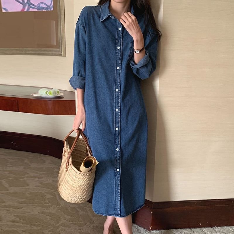 ワンピース 長袖 デニム 春夏 カジュアル 春 夏 シンプル 秋 ミモレ ロング 切り替えデザイン シック
