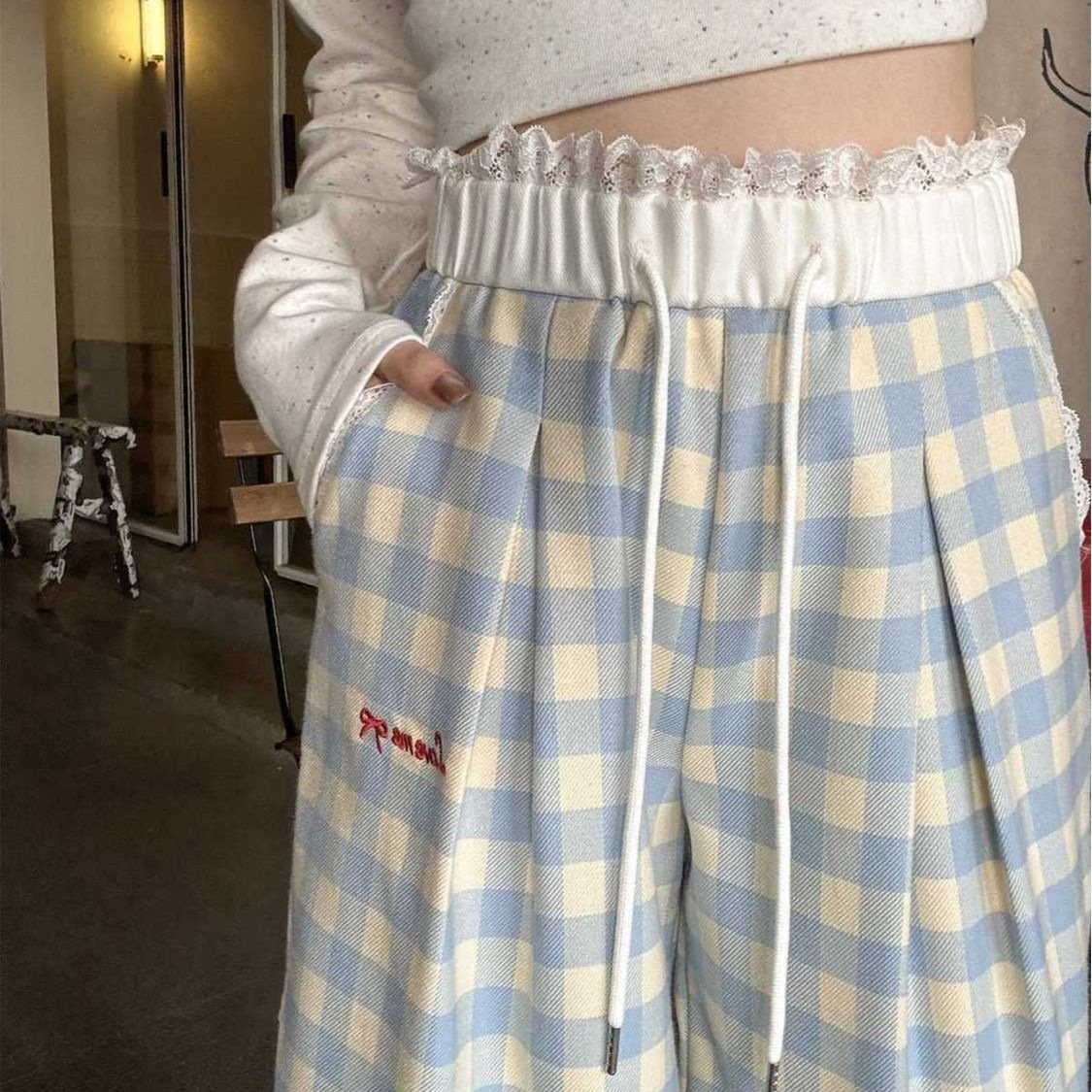 レディース パンツ チェック柄 ゆったり ワイド 春夏 カジュアル 春 夏 レース ロング ストレート ロングパンツ ワイドパンツ 薄手 切り替えデザイン ブルー ハイウエスト ポリエステル