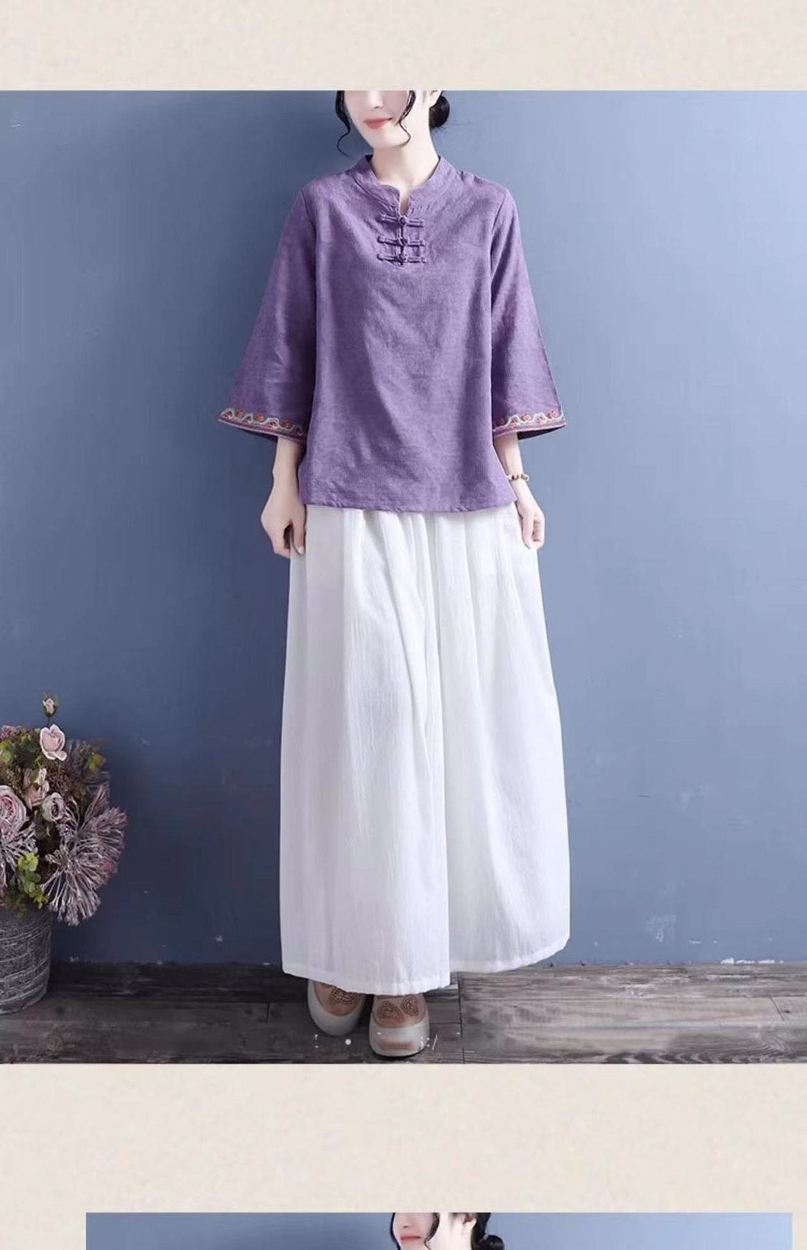 レディース シャツ トップス 無地 コットン 綿 麻 春夏 レトロ 前開き 春 夏 シンプル 刺繍 ロング 薄手 ベルスリーブ セットアップ