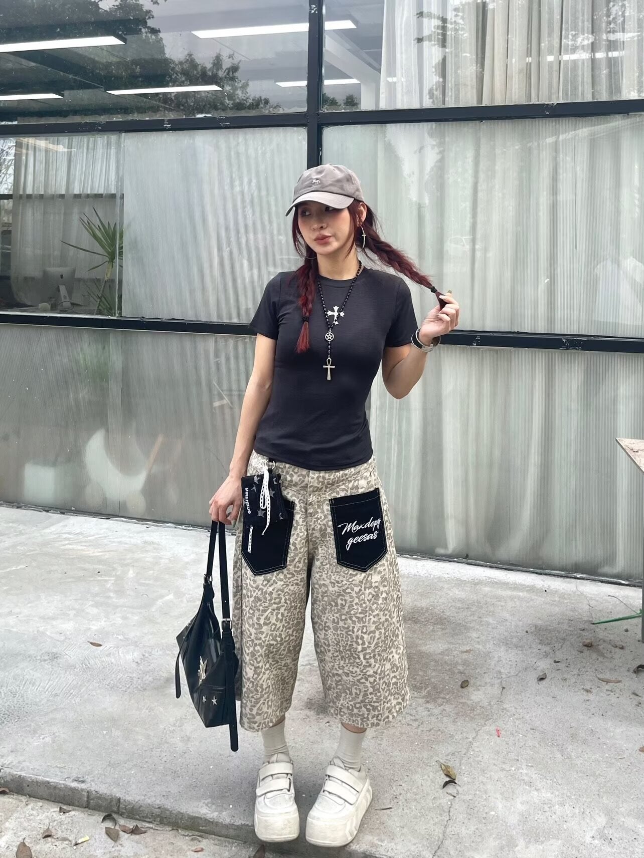 レディース パンツ ワイド コットン 綿 デニム 春夏 カジュアル アメリカン レトロ 春 ショート 夏 男女兼用 ショートパンツ 7分丈 ヒョウ柄 ポケット ハイウエスト ストリート ストレッチ