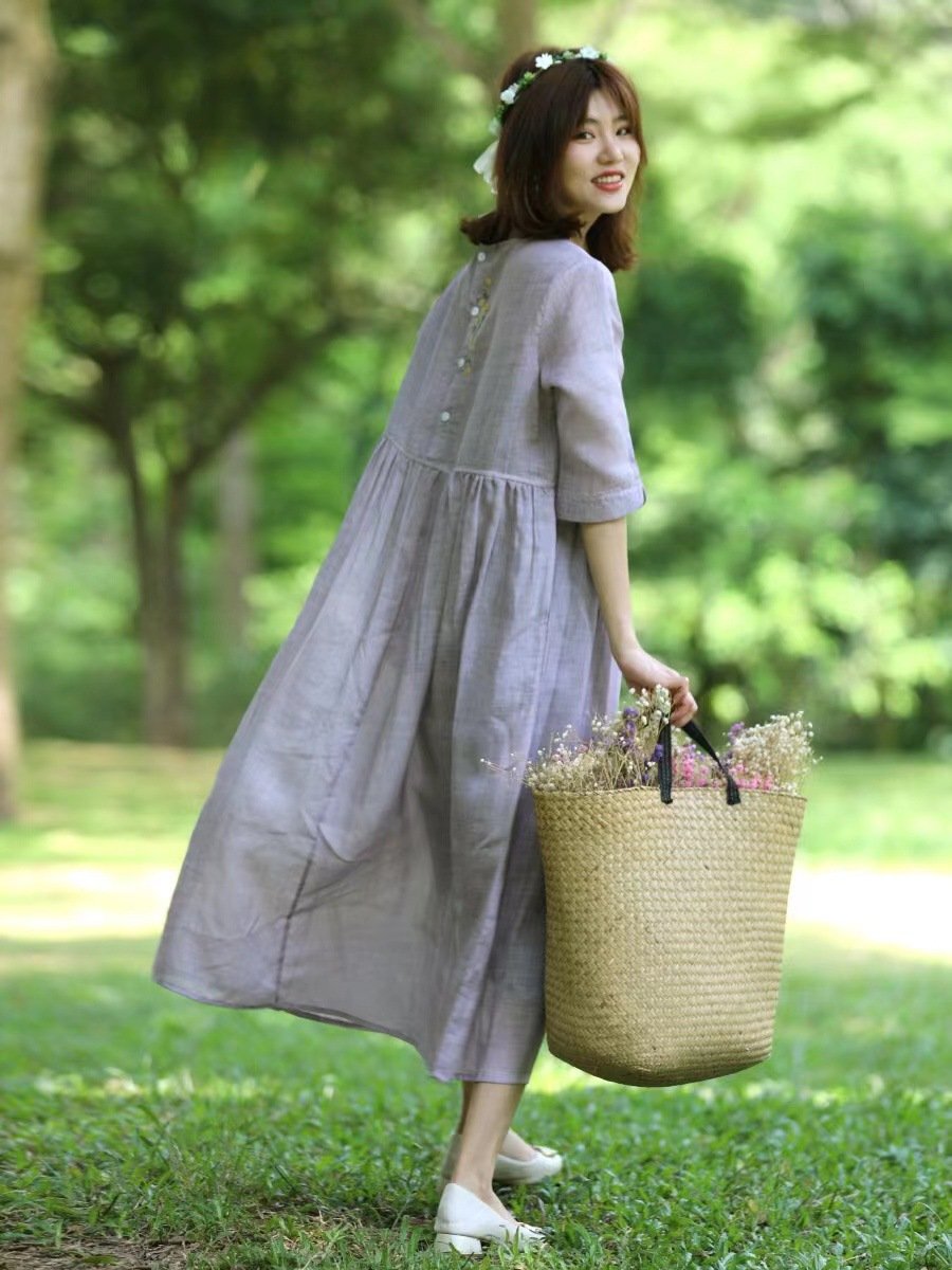 ワンピース ドレス 無地 春夏 カジュアル 春 夏 ラウンドネック 刺繍 シンプル ロング ミディアム丈 フレア Aライン