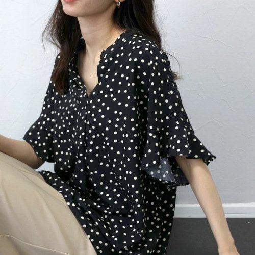 レディース ブラウス シャツ トップス 半袖 ゆったり 春夏 きれいめ 通勤 オフィス 前開き Vネック 春 夏 上品 シフォン 水玉 シフォンブラウス ポリエステル ドット