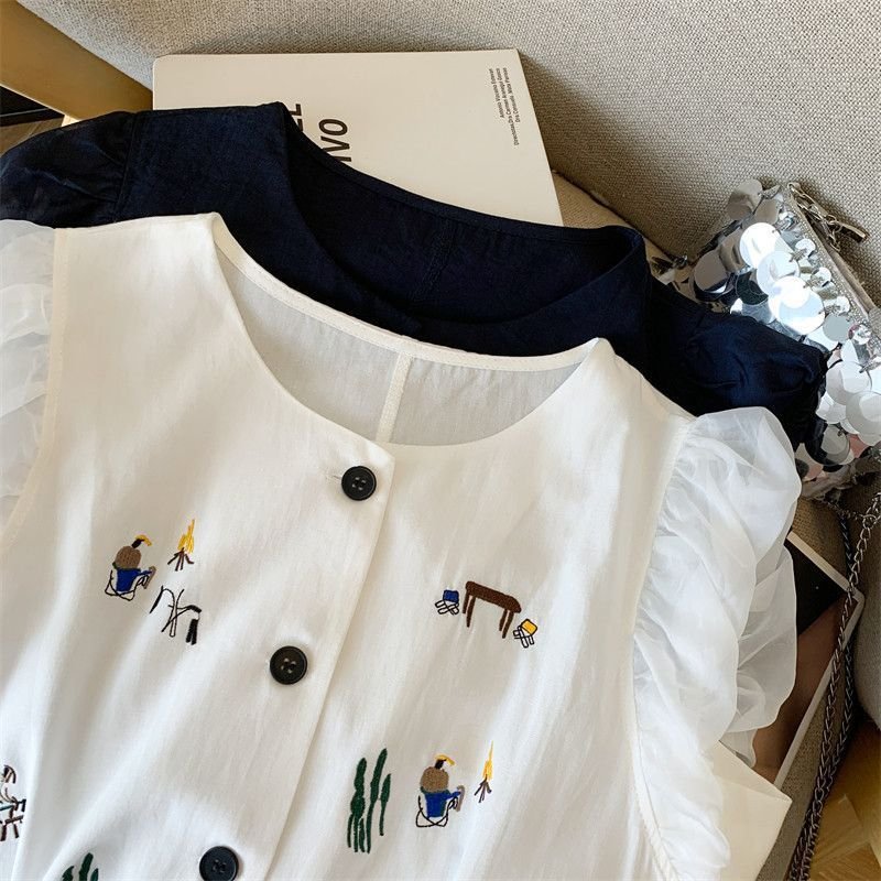 レディース シャツ トップス カーディガン ノースリーブ ゆったり コットン 綿 麻 春夏 きれいめ 通勤 オフィス 体型カバー 大きいサイズ 前開き 袖なし 春 ショート 夏 ホワイト ラウンドネック ジャケット 刺繍 パフスリーブ ベスト ネイビー アウター ボタン