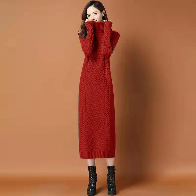 ワンピース ニット 長袖 無地 秋 冬 きれいめ 通勤 シンプル ロング 上品 ハイネック 厚手 襟付き