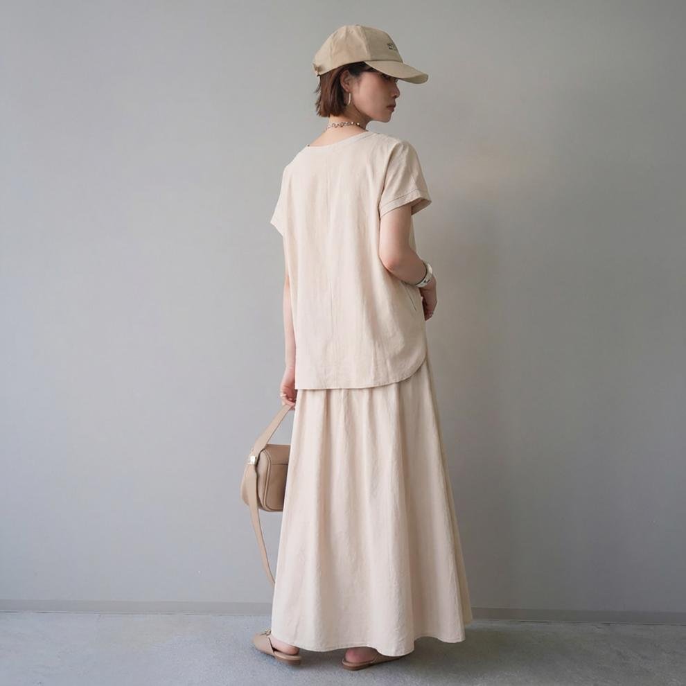 レディース トップス スカート 無地 ゆったり コットン 綿 リネン 春夏 体型カバー 春 フレア 夏 ラウンドネック ロング 切り替えデザイン プルオーバー ロングスカート
