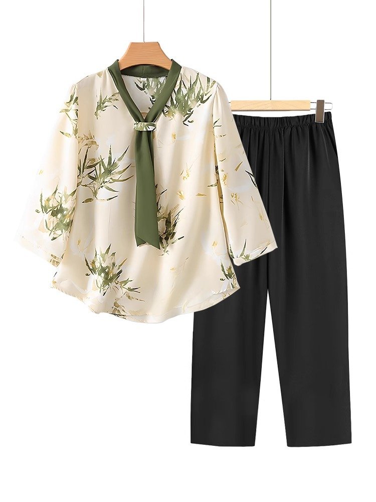 レディース Tシャツ 7分袖 花柄 春夏 カジュアル きれいめ 通勤 春 夏 膝丈 ラウンドネック フラワー シフォン おしゃれ シャツ セットアップ