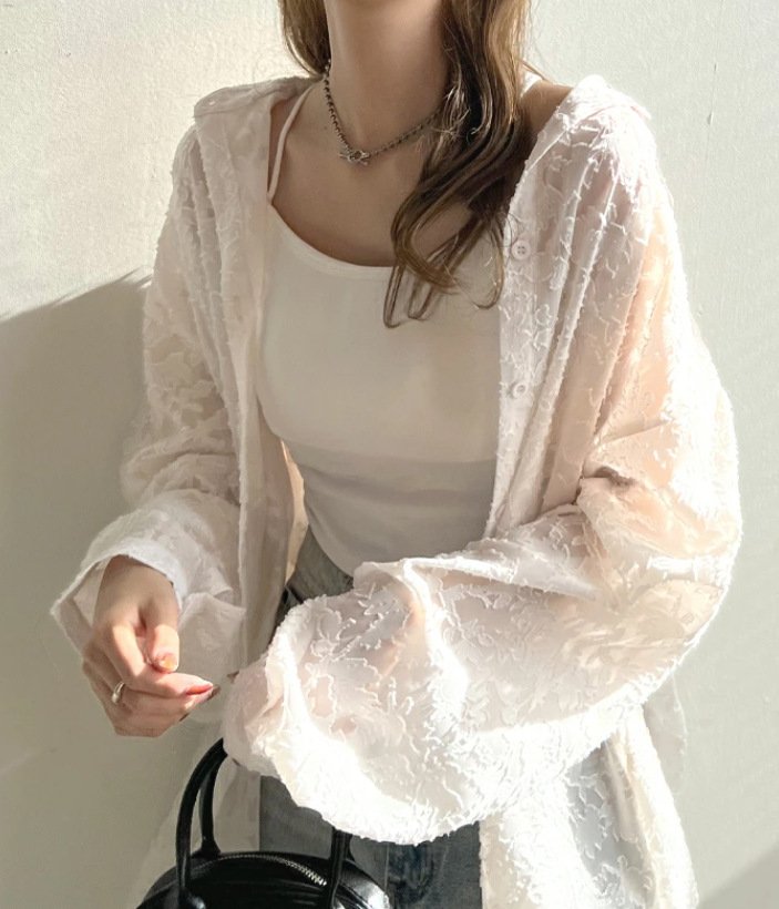 シャツ トップス 長袖 無地 春夏 きれいめ 旅行 前開き 春 夏 レース シンプル 上品 シフォン ビーチ タイ レギュラー ポリエステル