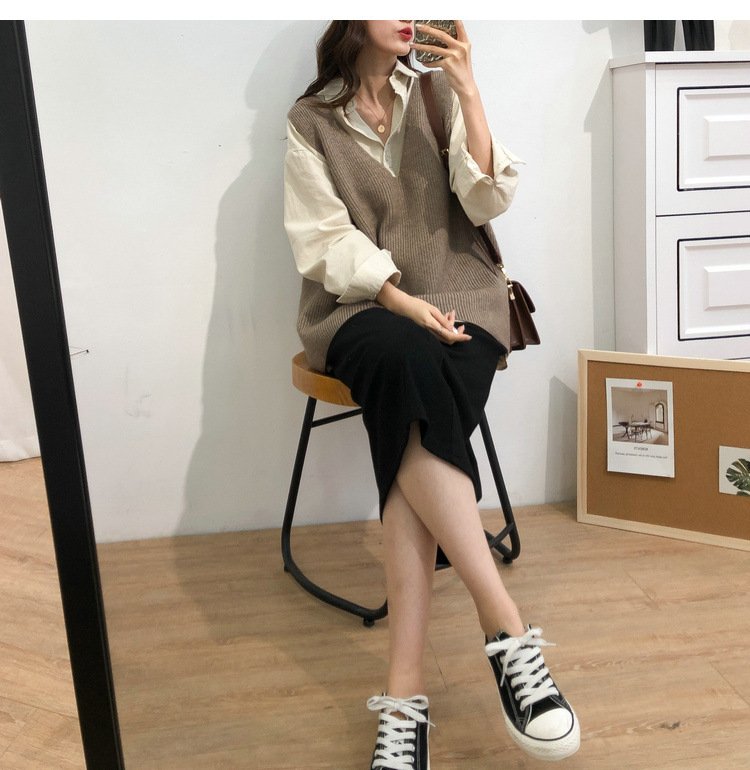 レディース トップス ニット ベスト 無地 ゆったり 秋冬 秋 カジュアル 体型カバー Vネック 膝丈 シンプル 冬 ブラック グレー イエロー セーター ベージュ アプリコット ポリエステル