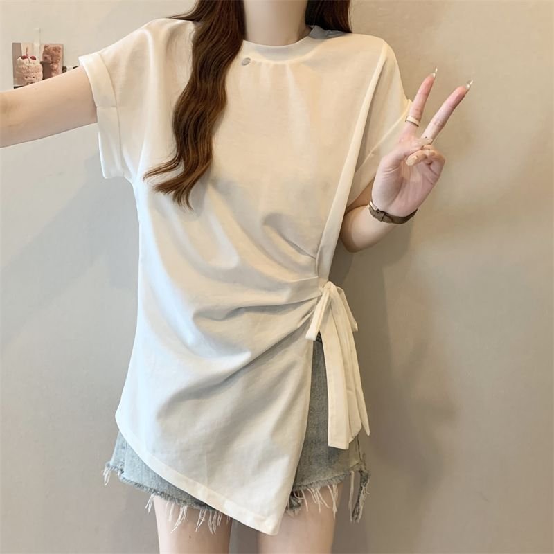 Tシャツ 半袖 ゆったり 春夏 カジュアル 春 夏 ラウンドネック レース ミモレ シャツ タイ レースアップ