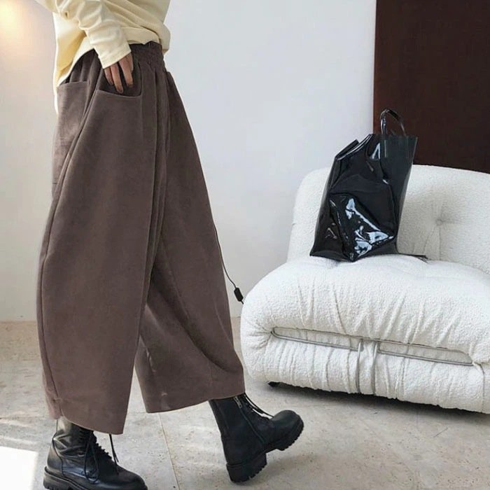 パンツ ゆったり 秋冬 秋 カジュアル 冬 韓国ファッション 薄手 切り替えデザイン ハイウエスト ポリエステル