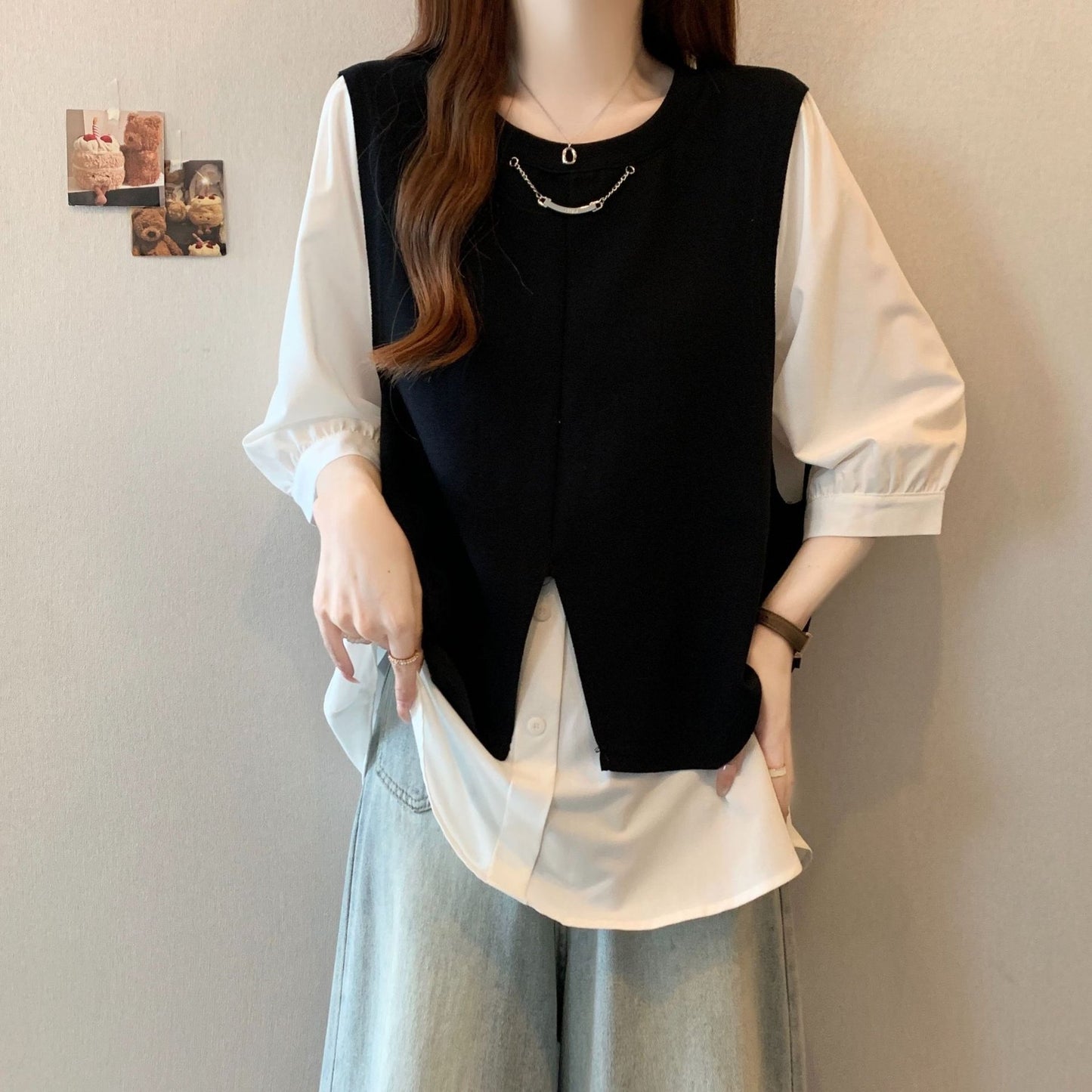 トップス Tシャツ 半袖 ゆったり 春夏 カジュアル 体型カバー 大きいサイズ 春 夏 膝丈 ラウンドネック クルーネック シャツ レイヤード ポリエステル