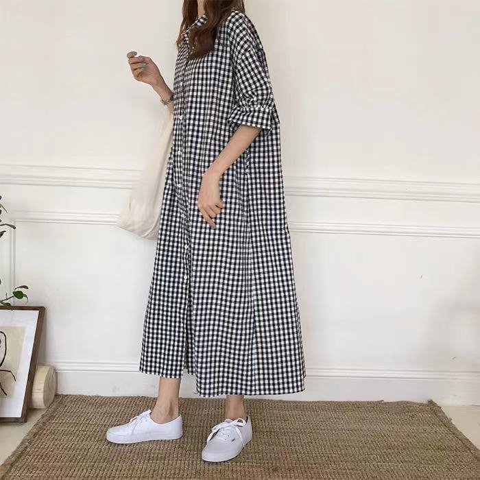 ワンピース 半袖 チェック柄 春夏 春 夏 膝下 ロング コットン アクリル
