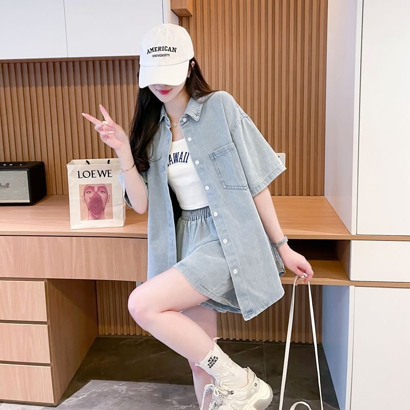 シャツ パンツ ゆったり デニム 春夏 カジュアル 大きいサイズ 前開き 春 夏 ハーフ セットアップ ポリエステル