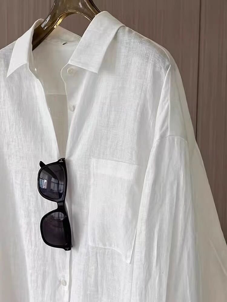 シャツ ジャケット 長袖 無地 ゆったり 春夏 レトロ 前開き 春 夏 ホワイト シンプル 切り替えデザイン レギュラー ポリエステル 春服